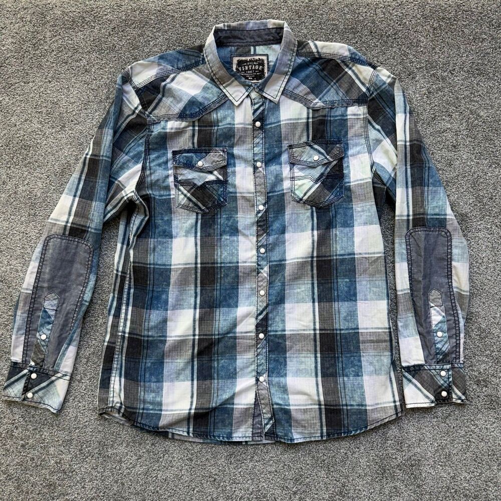 BKE Vintage Blue Washed Plaid Flannel Standard Fit XL